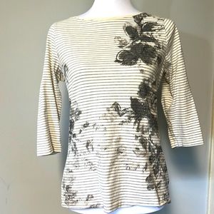 Talbots Women Size M Striped Sand Gray  Beige Long Blouse Top Shirt Tee.